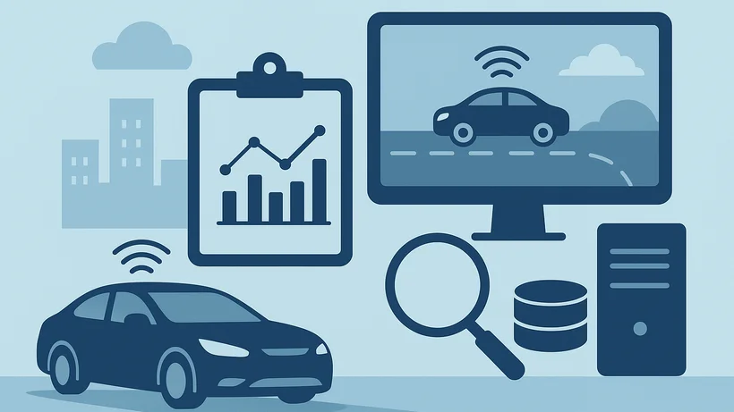 Ein dunkelblaues Auto mit einem WLAN-Symbol über dem Dach fährt auf einer Straße. Daneben ist ein Monitor mit der Darstellung desselben Autos auf einer Straße zu sehen, ebenfalls mit einem WLAN-Symbol darüber. Vor dem Monitor befinden sich eine Lupe, zwei übereinanderliegende Datenspeicher-Symbole und ein Computergehäuse. Im Hintergrund sind stilisierte Gebäude und Wolken zu erkennen. Links neben dem Auto ist eine Klemmbretttafel mit einem Diagramm aus Balken- und Liniendiagramm abgebildet.