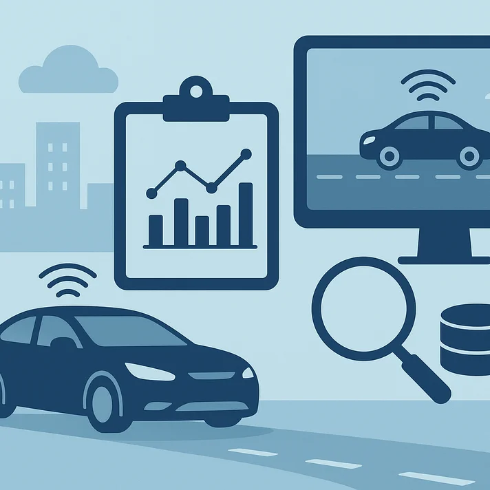 Ein dunkelblaues Auto mit einem WLAN-Symbol über dem Dach fährt auf einer Straße. Daneben ist ein Monitor mit der Darstellung desselben Autos auf einer Straße zu sehen, ebenfalls mit einem WLAN-Symbol darüber. Vor dem Monitor befinden sich eine Lupe, zwei übereinanderliegende Datenspeicher-Symbole und ein Computergehäuse. Im Hintergrund sind stilisierte Gebäude und Wolken zu erkennen. Links neben dem Auto ist eine Klemmbretttafel mit einem Diagramm aus Balken- und Liniendiagramm abgebildet.