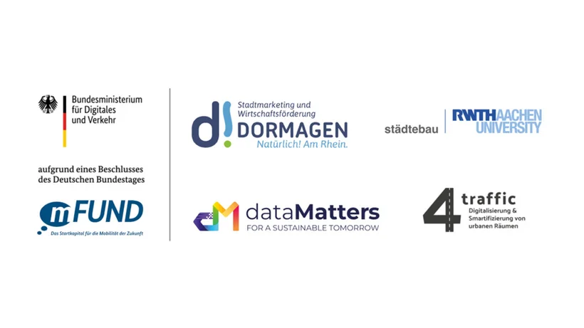 Logos der Projektpartner Stadt Dormagen, RWTH Aachen, dataMatters, 4traffic und dem Bundesministerium für Digitales und Verkehr im mFUND-Projekt.