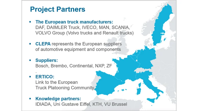 Übersicht über Projektpartner aus der europäischen Lkw-Branche, inklusive Herstellern, Zulieferern und Forschungspartnern. Länder auf einer Europakarte farblich hervorgehoben.