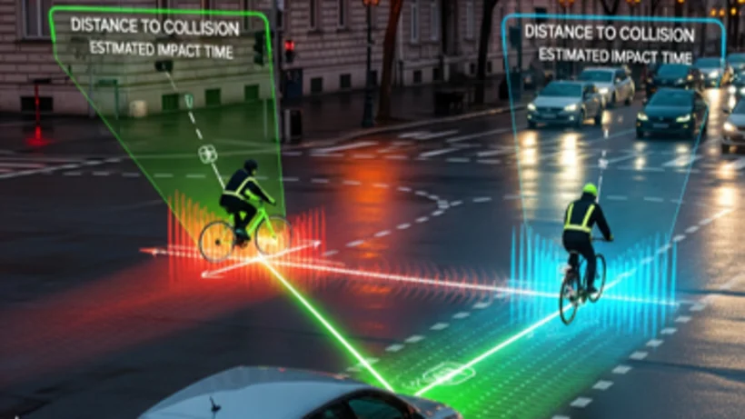Städtische Kreuzung bei Dämmerung mit Auto und zwei Radfahrern, wobei digitale Warnanzeigen und Abstandsmessungen zu Kollisionen visualisiert sind.