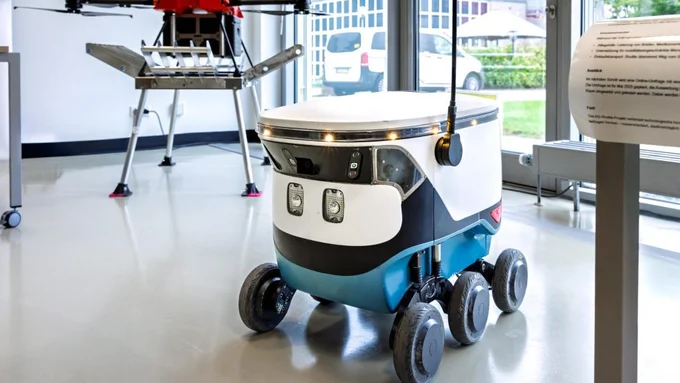 Kleiner Lieferroboter mit sechs Rädern, weiß-blau, mit Antenne, im Hintergrund ein Drohnenmodell mit rotem Oberteil auf Stativ.