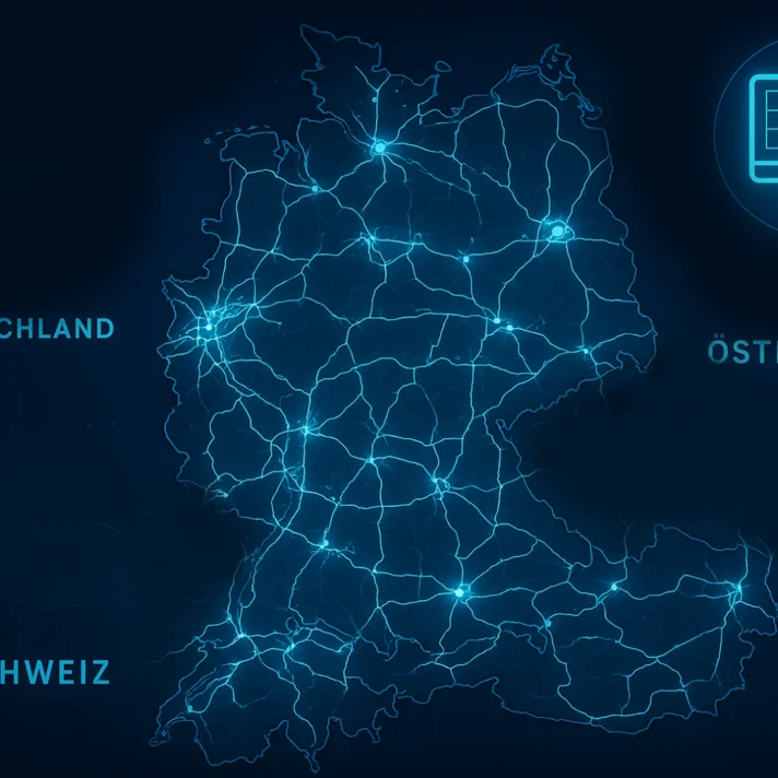 Vernetzte Karte mit den Ländern Deutschland, Österreich und Schweiz.