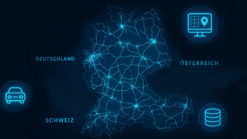 Vernetzte Karte mit den Ländern Deutschland, Österreich und Schweiz.