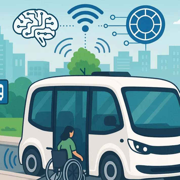 Illustration eines autonomen Shuttles an einer Bushaltestelle in einer Stadtumgebung. Eine Person im Rollstuhl fährt in das Shuttle ein, während eine andere Person sich nähert. Über dem Fahrzeug sind Symbole für künstliche Intelligenz, Konnektivität und Technologie dargestellt.
