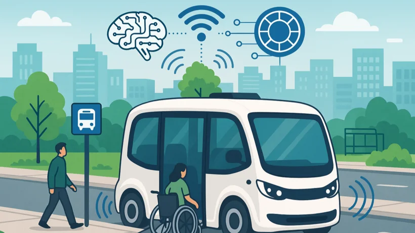 Illustration eines autonomen Shuttles an einer Bushaltestelle in einer Stadtumgebung. Eine Person im Rollstuhl fährt in das Shuttle ein, während eine andere Person sich nähert. Über dem Fahrzeug sind Symbole für künstliche Intelligenz, Konnektivität und Technologie dargestellt.