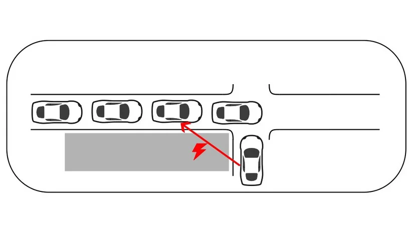 Schematische Planskizze einer Kreuzung mit einer Kette an Autos und einem Gebäude, das die Kommunikation der Fahrzeuge untereinander und mit anderen Fahrzeugen beeinträchtigt, symbolisiert durch eine rote Linie und einen Blitz.