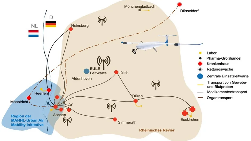 Darstellung des Rheinischen Reviers mit Standorten und Flugrouten von Drohnen im Rahmen eines medizinischen Transportnetzwerks.