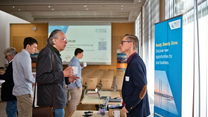 Zwei Männer im Gespräch an einem Messestand mit blauem Banner und Tischen mit Stiften und Tassen in einem hellen Raum mit großen Fenstern