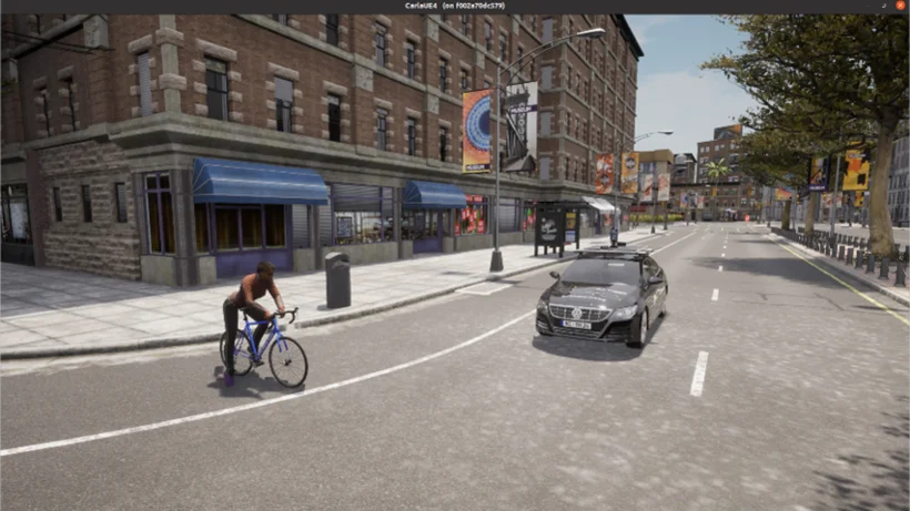 Virtuelle Verkehrsszene mit autonomem Auto und Fahrradfahrer in einer realistisch gerenderten Stadtumgebung.