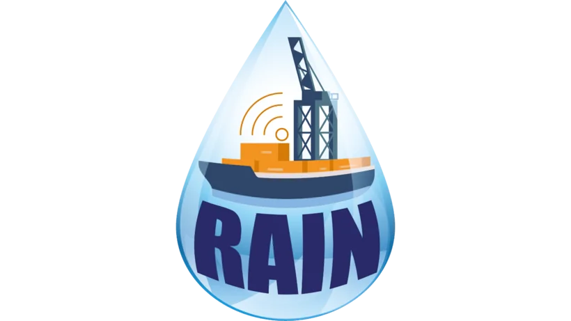 Logo mit einem blauen Wassertropfen, darin ein orangefarbenes Schiff mit einem Kran und dem Schriftzug 'RAIN' in großen blauen Buchstaben