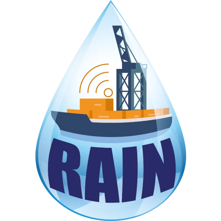 Logo mit einem blauen Wassertropfen, darin ein orangefarbenes Schiff mit einem Kran und dem Schriftzug 'RAIN' in großen blauen Buchstaben