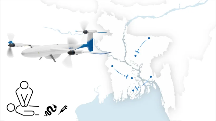 Illustration mit Karte von Bangladesch, Flugrouten einer Drohne und medizinischen Icons.