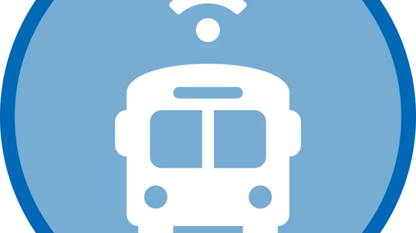Piktogramm eines Busses mit WLAN-Symbol über dem Dach, auf blauem Kreis – symbolisiert den Arbeitskreis Straße.