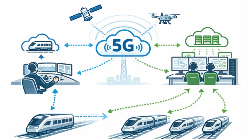 Grafik zeigt vernetzte Züge, Kontrollzentren, Satellit und Drohne, die über eine 5G-Wolke kommunizieren.