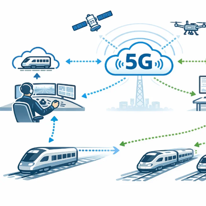 Grafik zeigt vernetzte Züge, Kontrollzentren, Satellit und Drohne, die über eine 5G-Wolke kommunizieren.