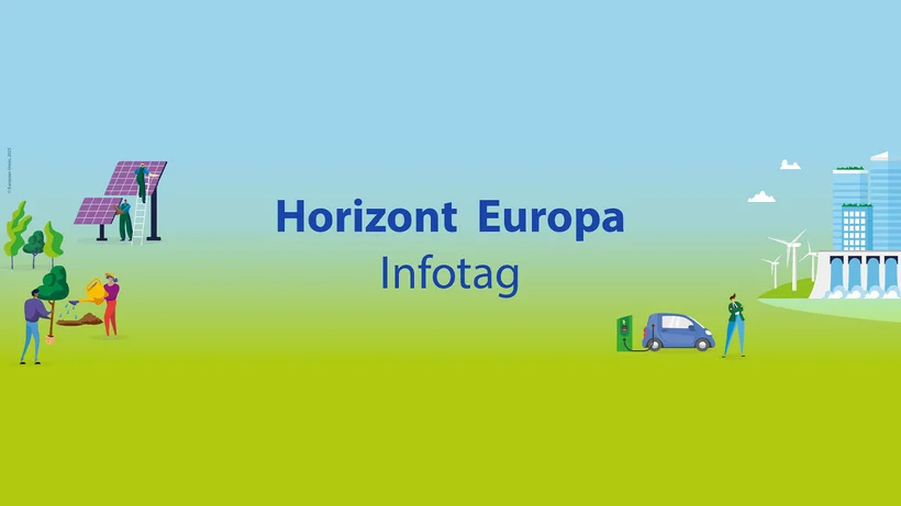 Grafische Darstellung mit dem Schriftzug „Horizont Europa Infotag“ auf grün-blauem Hintergrund, umgeben von Symbolen für Wissenschaft, Nachhaltigkeit und Mobilität.