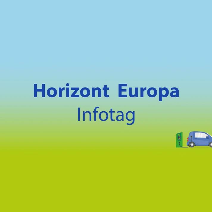 Grafische Darstellung mit dem Schriftzug „Horizont Europa Infotag“ auf grün-blauem Hintergrund, umgeben von Symbolen für Wissenschaft, Nachhaltigkeit und Mobilität.