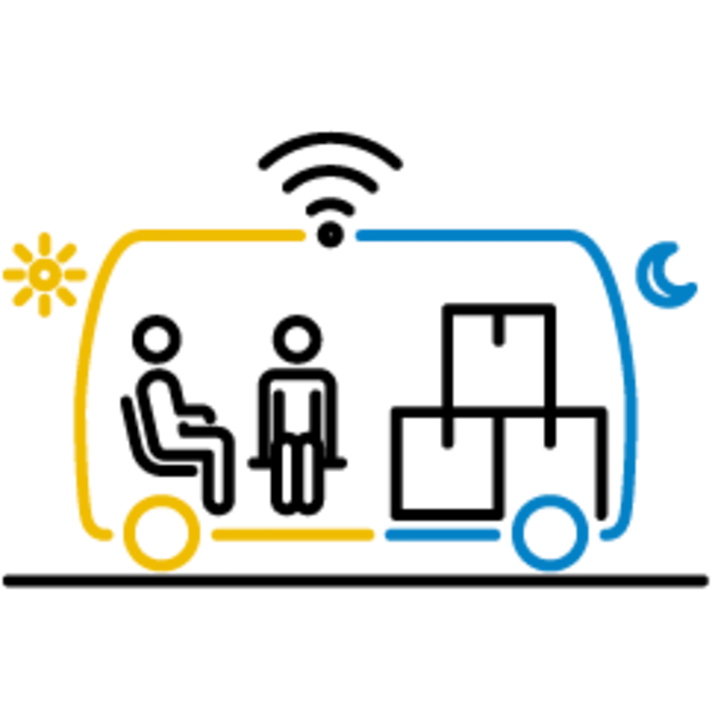 Ein Logo aus einfachen Linien, die ein autonomes Shuttle Fahrzeug mit Stilisierten Personen und Paketen darin zeigen, auf dem Dach ein Zeichen für W-Lan.