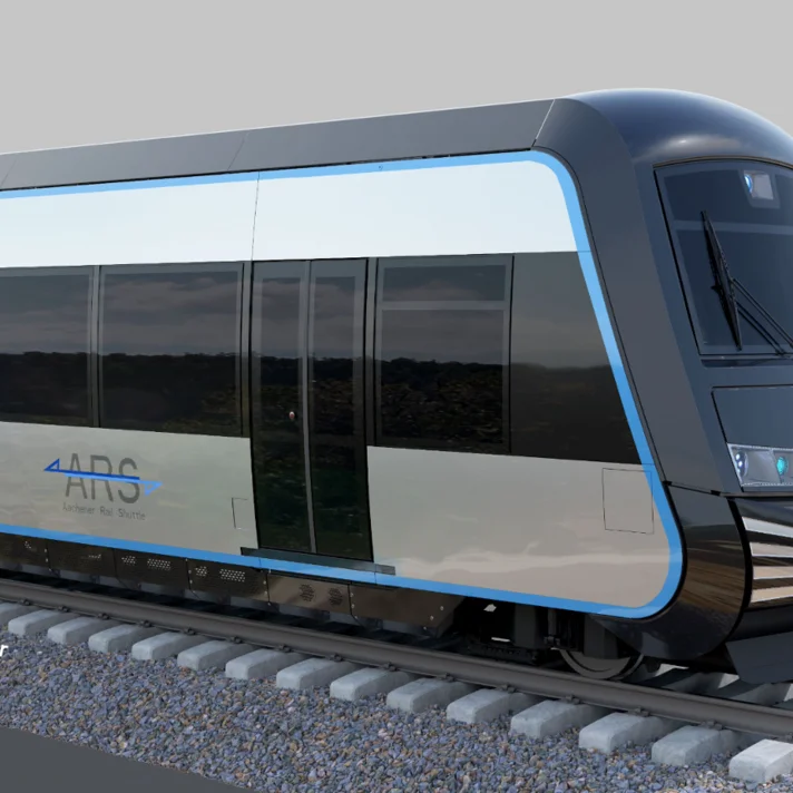 Rendering einer modernen Schienenfahrzeugstudie mit der Aufschrift „Aachener Rail Shuttle (ARS)“ auf Gleisen.