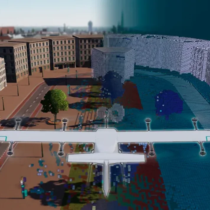 3D-Stadtmodell mit Brücke über einen Fluss, Gebäuden und Bäumen, rechts mit farbigen Punktwolken überlagert, links realistische Darstellung.