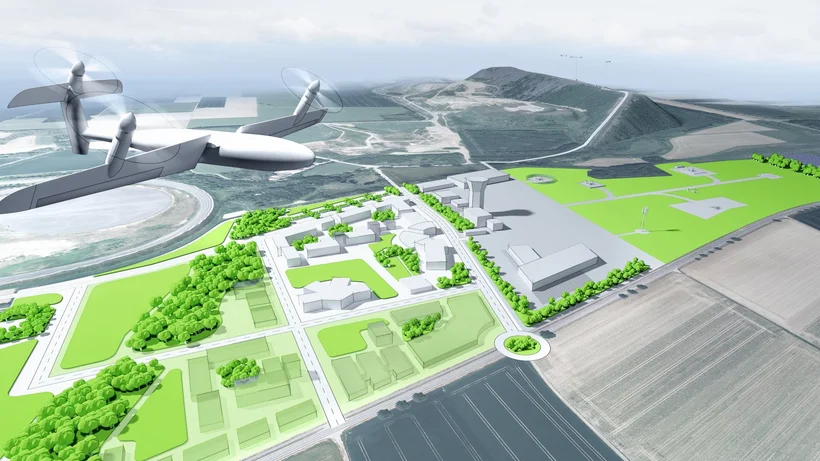 Rendergrafik eines futuristischen Flugtaxis, das über einem geplanten städtischen Testgelände mit Gebäuden, Straßen und Startplätzen fliegt.