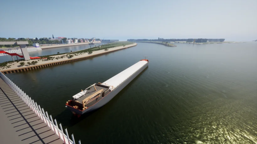 Ein Frachtschiffe liegt auf einem breiten Fluss. 