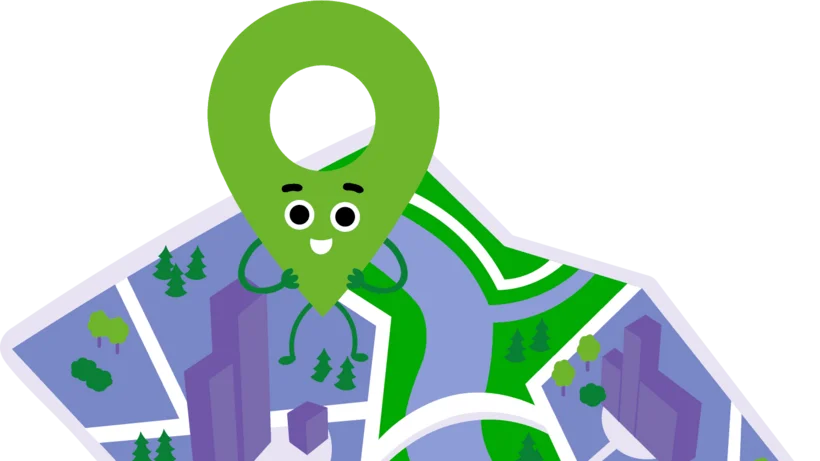 Stilisierte Stadtkarte mit Fluss, Straßen, Gebäuden, Bäumen und einer grünen, lachenden Standortmarkierung mit Armen.