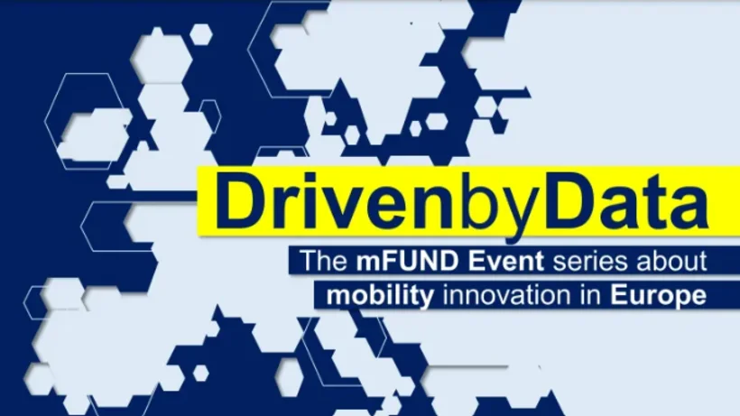 Stilisierte Karte von Europa mit hervorgehobener Aufschrift 'DrivenbyData' und Text 'The mFUND Event series about mobility innovation in Europe'.