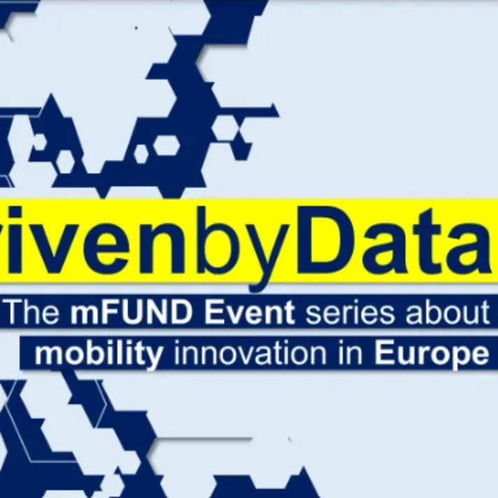 Stilisierte Karte von Europa mit hervorgehobener Aufschrift 'DrivenbyData' und Text 'The mFUND Event series about mobility innovation in Europe'.