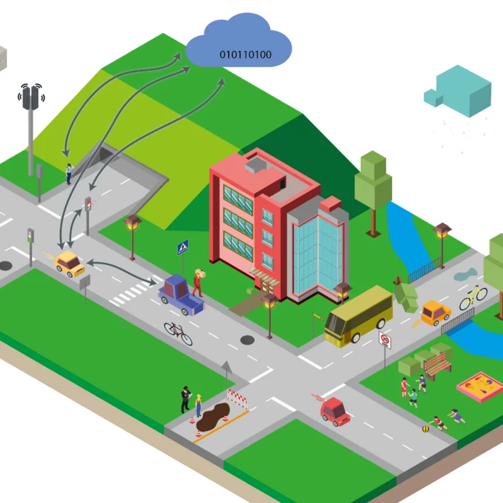 Isometrische Stadtansicht mit autonomen Fahrzeugen, Sensorik, Cloudanbindung und verschiedenen Verkehrsteilnehmenden.