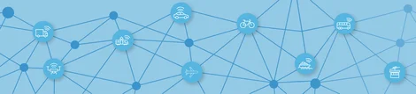 Grafik mit blauem Netzwerk und Icons verschiedener Verkehrsträger wie Auto, Bus, Bahn, Fahrrad, Schiff, Flugzeug und Drohne.