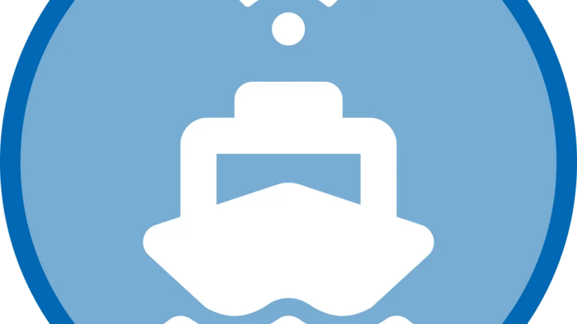 Piktogramm eines Schiffs mit WLAN-Symbol über dem Dach, auf blauem Kreis – symbolisiert den Arbeitskreis Wasser.