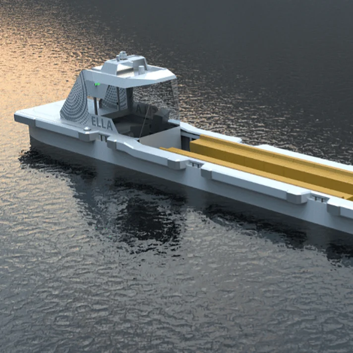 Visualisierung eines autonomen Schiffs mit Namen ELLA auf dem Wasser, es ist eine verkleinerte Variante eines langen, flachen Binnentransportschiffs.