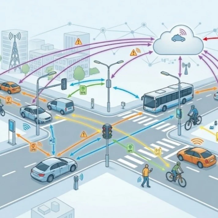 Grafik einer vernetzten Kreuzung mit Autos, Bus, Fahrrad, Fußgängern, Ampeln, Sensoren und einer Cloud zur Datenübertragung.