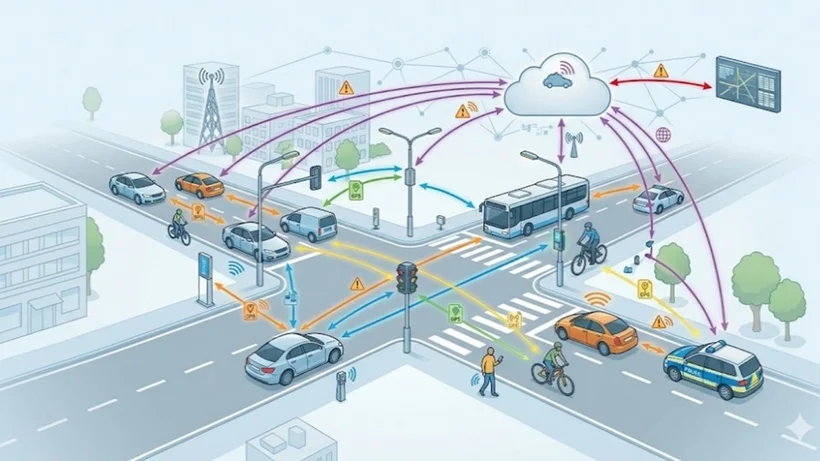 Grafik einer vernetzten Kreuzung mit Autos, Bus, Fahrrad, Fußgängern, Ampeln, Sensoren und einer Cloud zur Datenübertragung.