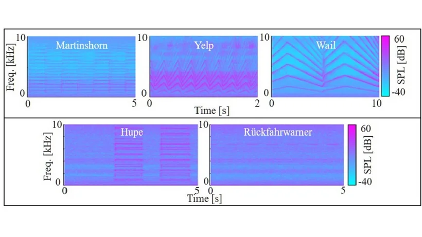 Farbcodierte wissenschaftliche Diagramme mit Zeit- und Frequenzachsen, die verschiedene Messdaten oder Simulationen darstellen; fünf einzelne Grafiken nebeneinander gruppiert.