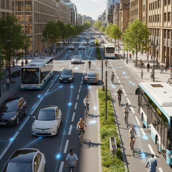 Städtische Straße mit mehreren Fahrspuren, Radfahrern auf getrennten Radwegen, Bussen und Autos, umgeben von mehrstöckigen Gebäuden und Bäumen