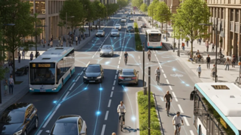Städtische Straße mit mehreren Fahrspuren, Radfahrern auf getrennten Radwegen, Bussen und Autos, umgeben von mehrstöckigen Gebäuden und Bäumen