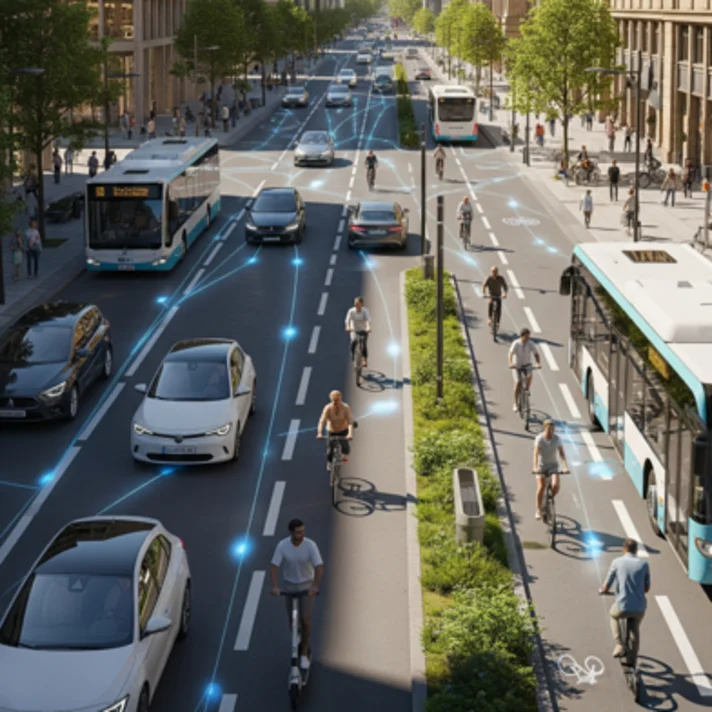Städtische Straße mit mehreren Fahrspuren, Radfahrern auf getrennten Radwegen, Bussen und Autos, umgeben von mehrstöckigen Gebäuden und Bäumen