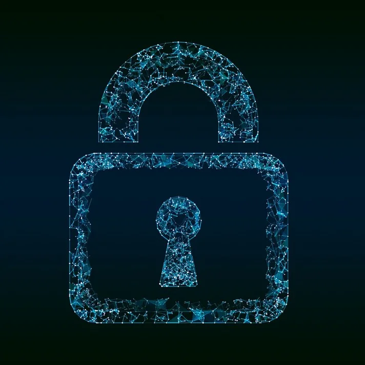 Ein stilisiertes Sicherheitsschloss aus schwarzem Bildhintergrund, dessen Fläche aus blauen Netzlinien besteht.