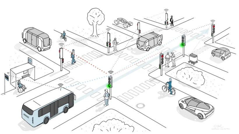 Isometrische Linienzeichnung einer Kreuzung mit Fußgängern, Radfahrern, Autos, Bussen und Ampeln, die unterschiedliche Signale zeigen