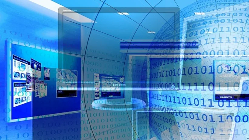 in blau gehaltener, abstrakter Raum mit Bildschirmen, halb-transparenten Ebenen und Daten, die sich in Schichten überlagern und den Fluss von Daten und Informationen visualisieren.