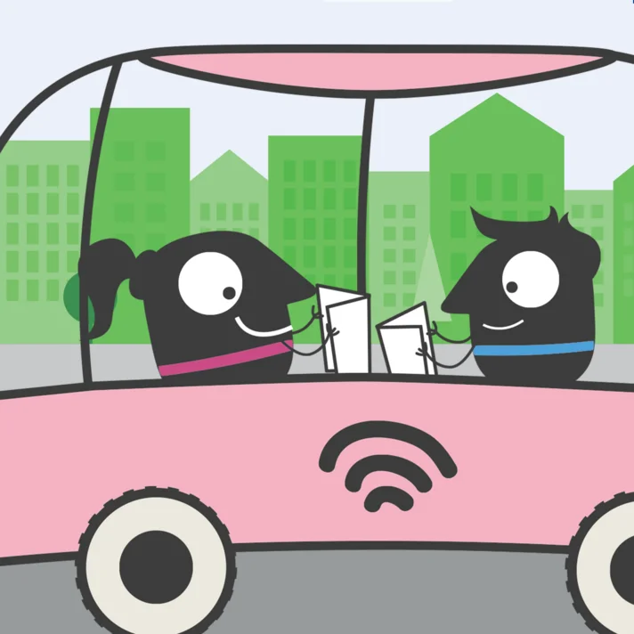 Zwei stilisierte Figuren sitzen in einem pinken, selbstfahrenden Fahrzeug mit WLAN-Symbol, eine weitere Figur fährt mit rotem Helm und rotem Roller auf der Straße, im Hintergrund grüne Gebäude und blauer Text 'EUROPÄISCHE MOBILITÄTSWOCHE 16. - 22. September 2026'