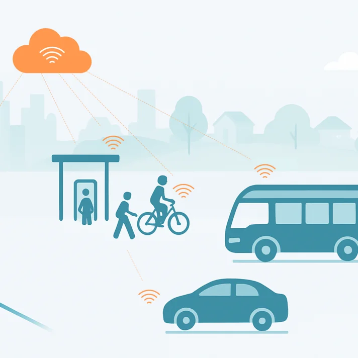 Grafik mit Zug, Bus, Auto, Fahrradfahrer und Fußgänger vor Stadtsilhouette, verbunden durch Wolkensymbol für drahtlose Kommunikation.