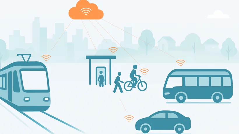 Grafik mit Zug, Bus, Auto, Fahrradfahrer und Fußgänger vor Stadtsilhouette, verbunden durch Wolkensymbol für drahtlose Kommunikation.