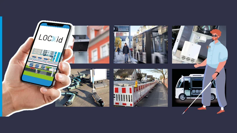 Collage mit Smartphone, auf dem das Logo „LOC.id“ zu sehen ist, und mehreren Bildern rund um Barrierefreiheit im öffentlichen Raum, etwa Baustellen, Busse und E-Scooter; rechts eine Illustration einer blinden Person mit Blindenstock.