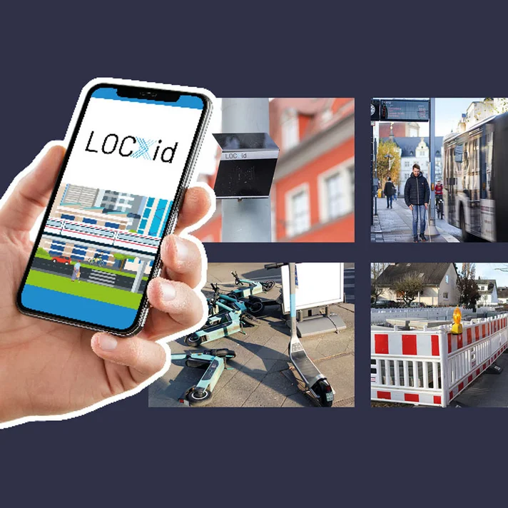 Collage mit Smartphone, auf dem das Logo „LOC.id“ zu sehen ist, und mehreren Bildern rund um Barrierefreiheit im öffentlichen Raum, etwa Baustellen, Busse und E-Scooter; rechts eine Illustration einer blinden Person mit Blindenstock.