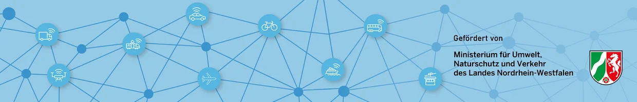 Grafische Darstellung vernetzter Mobilitätsformen mit Symbolen für Auto, Fahrrad, Bus, Bahn, Lkw, Schiff, Flugzeug und Drohne. Rechts daneben steht der Hinweis „Gefördert von Ministerium für Umwelt, Naturschutz und Verkehr des Landes Nordrhein-Westfalen“ mit dem Landeswappen von NRW.