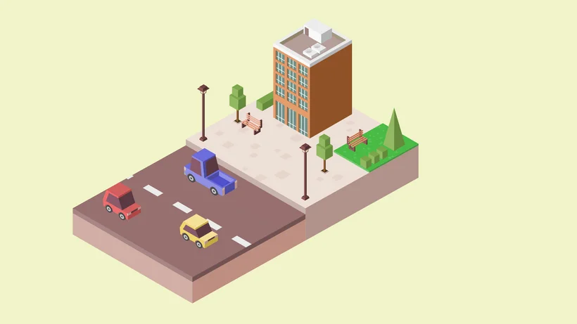 Isometrische Darstellung eines mehrstöckigen Gebäudes mit angrenzender Straße, auf der drei Autos fahren, umgeben von Bänken, Bäumen und Straßenlaternen